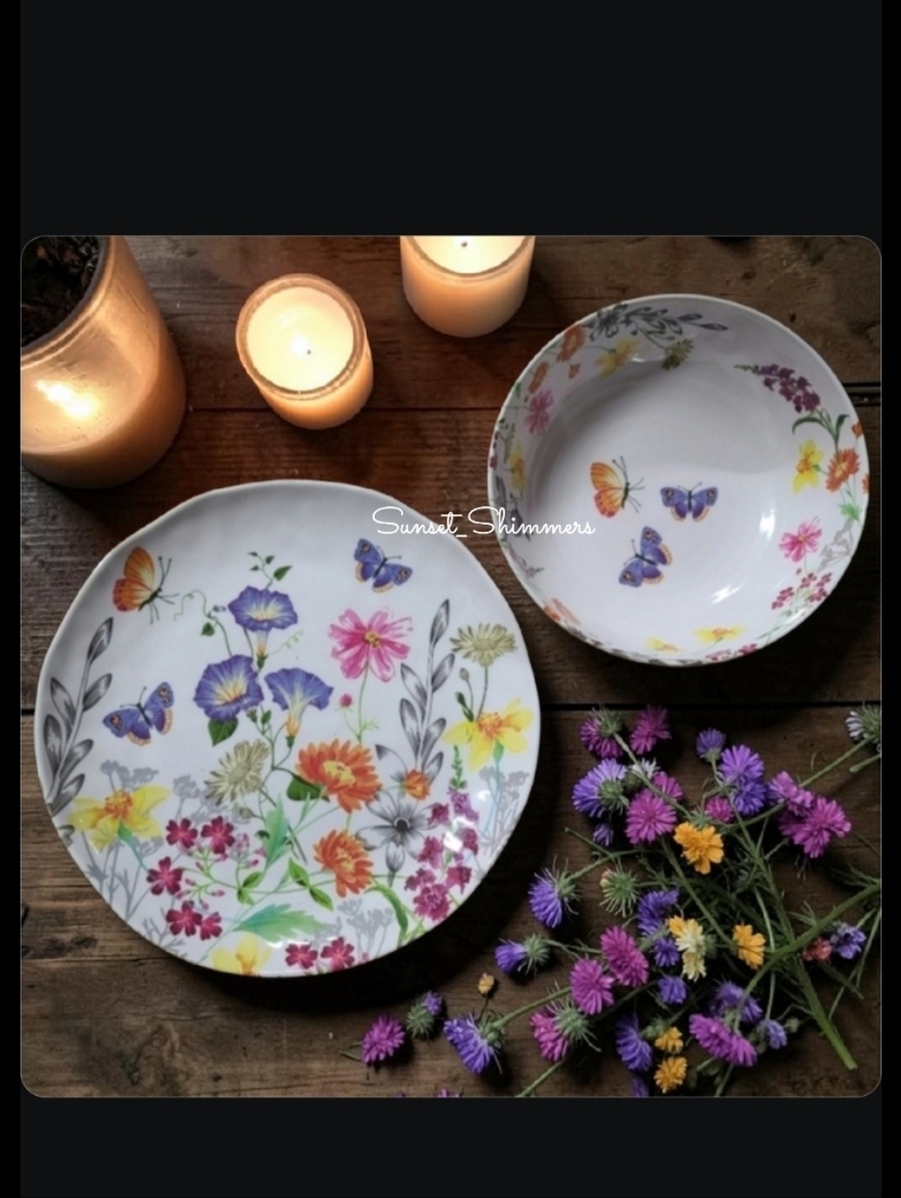 8pc Melamine Floral Butterfly Wildflower Dinner Plates & Bowl Set Indoor Outdoor